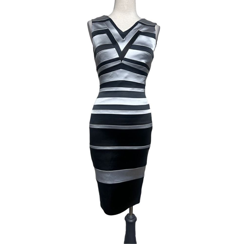 Karen Millen Sexy Satin Black & Silver Pencil Dress Cocktail Dress 2